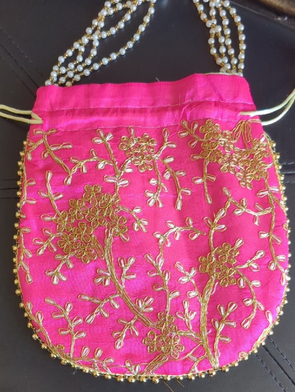 Embellished Pink Drawstring Potli Bag with Pearl Handle - Small